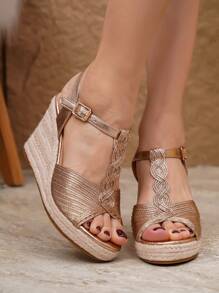 Sandalias de tacón alto de champán con detalles tejidos para mujer, sandalias de plataforma de verano con tira de tobillo y suela de yute, sandalias de cuña para vacaciones y uso al aire libre - Champán - Ver 3
