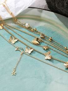 6 Piece Fashion Butterfly, Heart, Star, Moon Necklace Set, Versatile Everyday Accessory For Girl