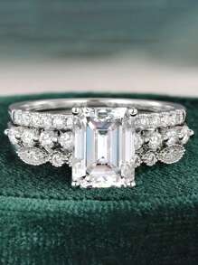 3 件套优雅经典白色方晶锆石订婚戒指、复古叠戴戒指、周年纪念礼物 - 銀色 - 查看 8