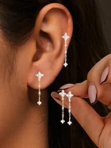 1PC 925 Sterling Silver Four Leaf Clover Earrings Zirconia Flower Earrings For Women