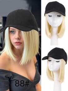 Gorra de béisbol con peluca para mujeres, gorra de béisbol negra con extensiones de cabello sintético rubio liso de 10 pulgadas, gorra de béisbol negra ajustable con peluca tipo bob de cabello rubio, negro y marrón, adecuada para mujeres y niñas