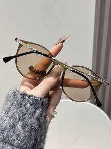 1 Pair Round Plastic & Metal Full-Rim Transparent Women's Fashion Glasses, Suitable For Beach Parties, Dates, Outings, Shopping, Camping, Fits All Face Shapes, Fashionable And Versatile, Elegant, Suitable For Family Outings, Travel Vacations, Summer Beach Trips, Outdoor Activities - 1pc 透茶框香檳片 - 查看 4