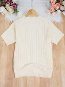 Plus Size Short Sleeve Twist Rope Round Neck Knit Pullover Sweater - Apricot - View 3