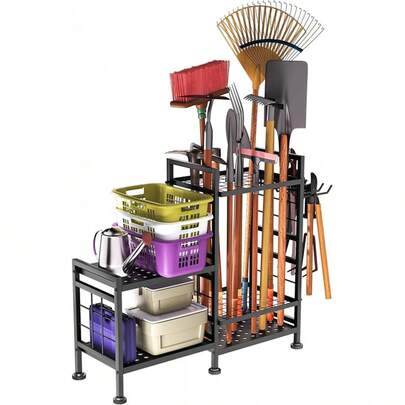 GIOTORENT 6 Tier Garden Tool Organizer, Garage Storage And Organization, Metal Yard Tools Storage Rack, Heavy Duty Garden Tool Organizer For Garage, Yard, Patio, Shed, Indoors And Outdoors, Black