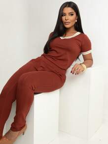 Premium V-Neck Sweatpants And Top Set With Details On The Neckline And Sleeves - 摩卡棕 - 查看 4