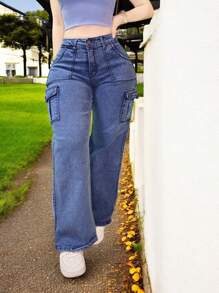 Pantalon jeans de mezclilla estilo corte ancho cargo stretch para dama mujer push up cintura alta urbano sin bolsas traseras - Barrido sin bolsas - Ver 4