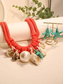 3pcs/Set Beaded Boho Seascape Theme Necklace & Earrings Jewelry Set, Featuring Colorful Shell & Faux Pearl Designs, Suitable For Women, Beach Vacation, Party And Daily Wear - Multicolor - View 3