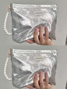 Portable, Fashionable, Shiny Large Capacity Makeup Bag With Pearl Pendant, Travel Cosmetic Organizer Pouch, Toiletry Bag, Suitable For Storing Toiletries, Cosmetics, Makeup Brushes, Accessories, Travel, Home Organization, Travel Essential, Dorm Supplies, Bridal Gift, Mother's Day Gift, Best Friend Gift, Birthday Gift, Souvenir, Home Storage Essential, Can Be Used In Bathroom, Living Room Or Bedroom - Multicolor - View 18