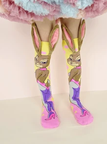 一双儿童立体兔耳朵过膝长袜，适合夏季、聚会、日常穿着。