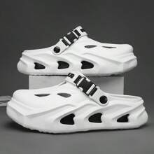 男士休闲一脚蹬拖鞋，夏季舒适透气户外凉鞋 - 白黑 - 查看 5