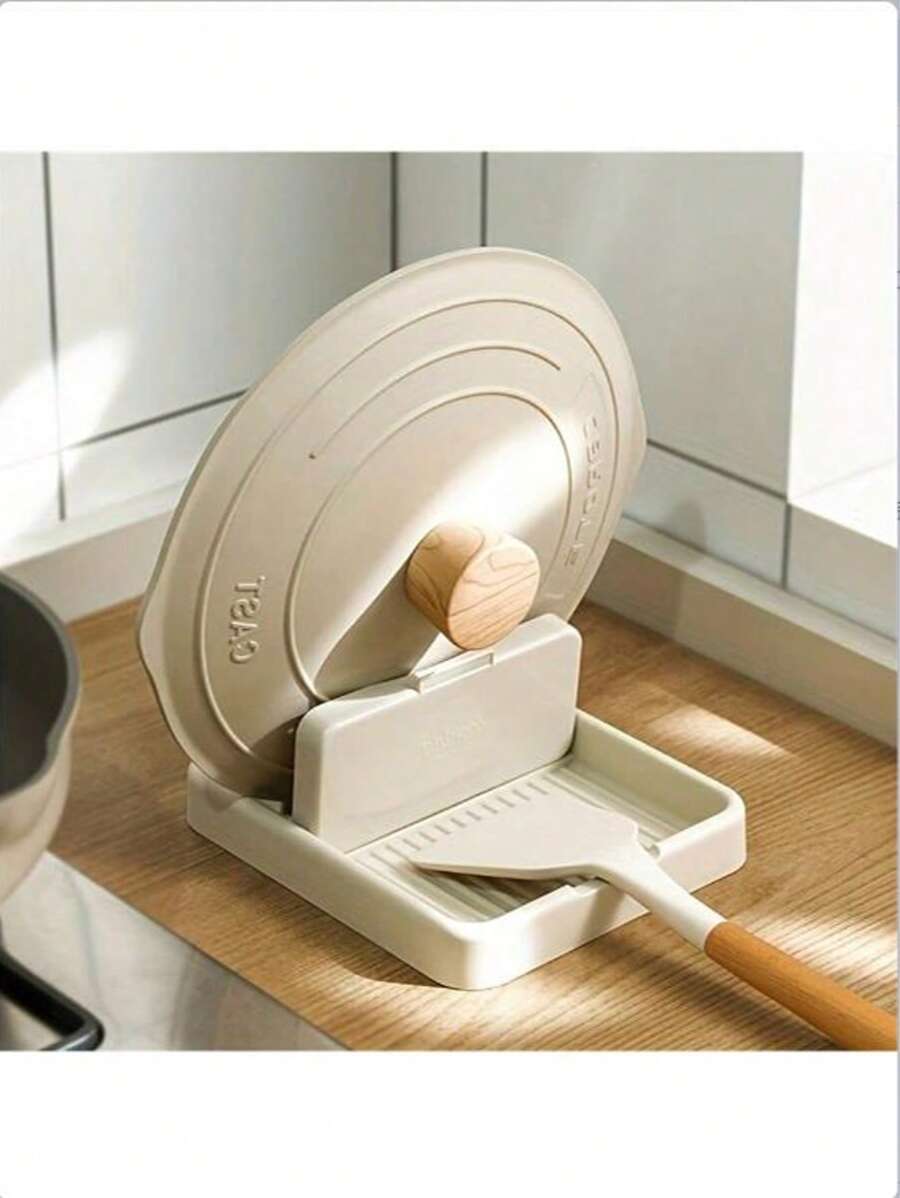 A Kitchen Pot Lid Holder, Countertop Folding Utensil Holder, Spoon And Spatula Pot Holder, Plastic Storage And Organization Rack - Beige - View 1