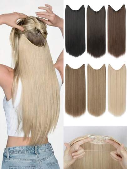 Invisible Wire Hair Extensions With Transparent Headband Adjustable Size Removable Secure Clips In Synthetic Straight Secret Hairpiece For Women