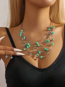 1pc Fashionable Boho Beach Retro Style Multi-Layer Shell Necklace & 1 Pair Crystal Bead Earrings For Women - Colorful - View 13