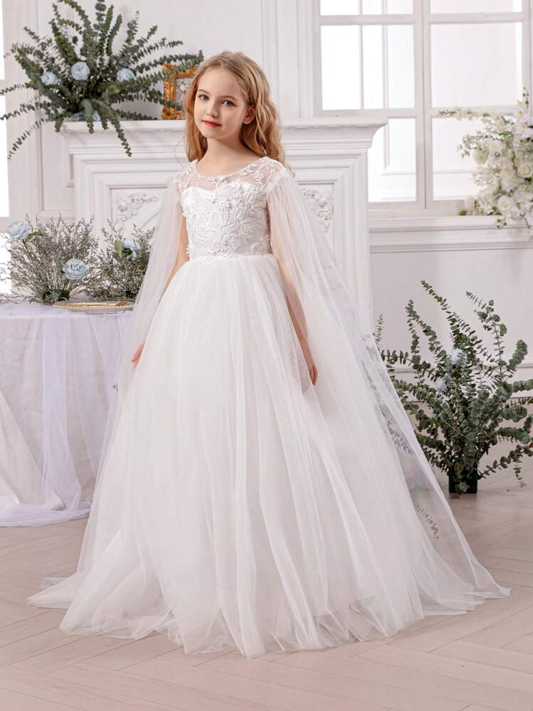 Vestido elegante de princesa blanco con tul, perlas y encaje para niña preadolescente, adecuado para vestidos de niña, fiesta de cumpleaños, baile de graduación, ocasión formal, celebración festiva, niña de las flores, dama de honor - Blanco - Añade 6