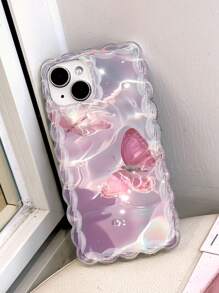 1pc Pink Water Ripple Butterfly Pattern Wavy Lace Silicone Shockproof Transparent Phone Case Compatible With IPhone 11/12/13/14/15 Pro Max