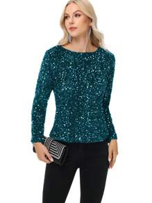 Women's Sequin Tops Sparkly Long Sleeve Glitter Evening Party Concert Shirt Blouse - Teal Blue - View 5