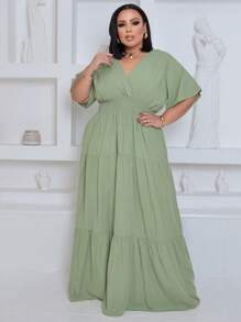 Plus Size Long Dress V Neck Short Sleeve - Mint Green - View 1