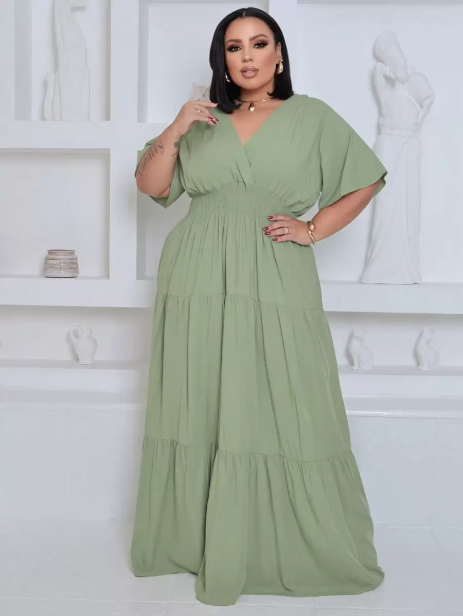 Plus Size Long Dress V Neck Short Sleeve - Mint Green - View 1