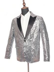 Shiny Silver Sequin Suit Jacket, Suitable For Parties, Dancing, Music Festivals, Men Glittering Blazers