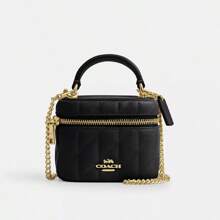 Coach Ava 女士斜挎包，可爱编织单肩包，方形盒子包，迷你 PU 皮革顶部提手钱包，手提包，旅行礼品包 - 黑色 - 查看 3