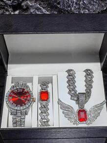 1 Set Angel Wings Red & Blue Gemstone Pendant Bracelet Necklace Men's Watch Gift Set, High-End Gift Box Suitable For Daily Wear, Men's Gift