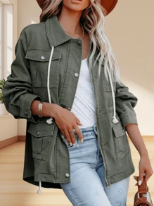 Tankaneo Youiham Women's Military-Inspired Anorak Jacket Zip Up And Snap Buttons Design Lightweight Utility Coat With Practical Pockets For Outdoor Outings Christmas Gift & New Year Gift - 軍綠色 - 查看 1