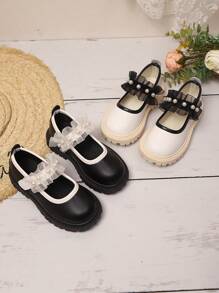1 par de nuevos y elegantes zapatos planos de punta redonda con lazo y perla, hechos de PU, antideslizantes, resistentes y cómodos, apropiados para uso en exteriores, diario, fiesta y escuela en primavera y otoño