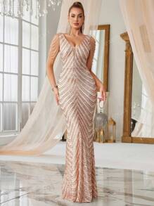 Sequin V-Neck Evening Dress, Women Party Dress, Wedding Guest Dress, Formal Dress, Gown
