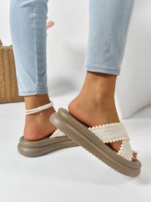 Sandales à orteils ouverts en tricot pour femmes, style féérique, semelle épaisse antidérapante, tongs d'été décontractées pour la plage, tongs plates à brides croisées