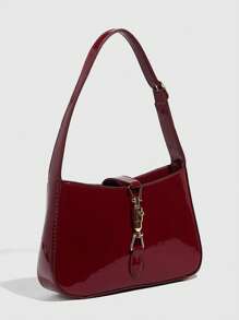 1pc Burgundy Lacquered Leather Handbag, A Simple Lock Closure Square Bag, Shoulder Bag, Vintage Wine Red, Black, Lacquered Leather Small Square Bag, Underarm Bag, Gift Bag, Suitable For All Women, Fashionable Burgundy Bag , Burgundy Bag - Multicolor - View 6