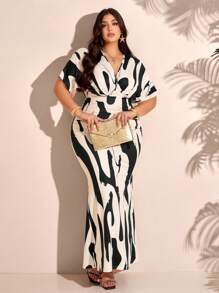 BIUBIU Summer New Stylish Elegant Resort Plus Size Bohemian Style Women's V-Neck Waist Pleated Hips Slim Slim Dress (Random Flower Pattern) - Black - View 5