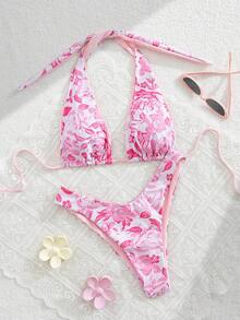 New Spring And Summer Drawstring Tie Halter Neck Pink Ditsy Floral Pattern Split Sexy Bikini - Pink - View 2