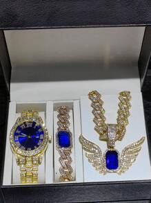 1 Set Angel Wings Red & Blue Gemstone Pendant Bracelet Necklace Men's Watch Gift Set, High-End Gift Box Suitable For Daily Wear, Men's Gift