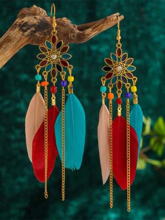 Vintage Boho Feather Tassel Drop Long Earrings For Women