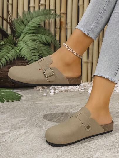 Sandali piatti open-toe da donna moda estate 2025, sandali casual da spiaggia con fibbia stile retrò per uso esterno, pantofole da interno con zeppa e senza lacci