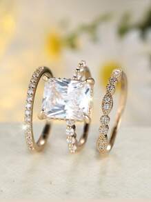 3 件套优雅经典白色方晶锆石订婚戒指、复古叠戴戒指、周年纪念礼物 - 銀色 - 查看 5