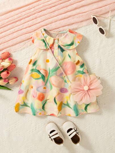 2pcs/Set Summer Baby Girl Peter Pan Collar Oil Painting Floral Sleeveless Dress + Floral Decor Bag