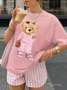 精致小熊粉色 T 恤，粉色套装娃娃熊，可爱街头风格，时尚卡其色小熊，女式图案 T 恤，春夏女士和女孩时尚运动 T 恤，凉爽穿着，常规款式，短袖圆领休闲图案上衣 - 粉色 - 查看 1