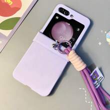 Minimalist Cute Purple Phone Case With Wrist Strap, Compatible With Samsung Galaxy Z Flip 5, Z Flip 6, Shock-Resistant Back Cover, Waterproof, Anti-Fall, Anti-Scratch - Purple - View 5
