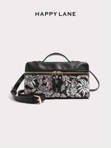 HAPPY LANE 1 geantă de mână de lux, stil vintage, cu broderie florală, fundal negru cu flori rafinate roșii, galbene și albe - elegantă, retro, business casual, geantă cu fermoar frontal și curea de umăr, geantă crossbody perfectă pentru zi cu zi, petreceri și călătorii, ușoară, farmec retro versatil, potrivită pentru femeile care caută eleganță personalizată, potrivită pentru orice ocazie, prezintă un gust vestimentar unic.