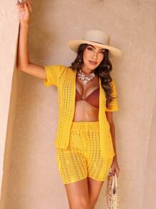 Women's Fashion Knitted Beach Cover-Up Set - Yellow - View 6