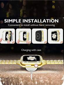 Correa de Apple Watch con cubierta rígida de PC y cristales de diamante brillantes, compatible con Apple Watch Series 1/2/3/4/5/6/SE/8/7. Protección anti-colisión para mujeres, disponible en 38mm/40mm/41mm/42mm/44mm/45mm/49mm. Colores disponibles: negro, oro, oro rosa