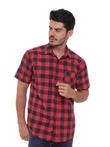 Rand paul Men's Plaid Shirt Casual Slim Fit Short Sleeve With Pockets Imported - Đỏ - Xem 6