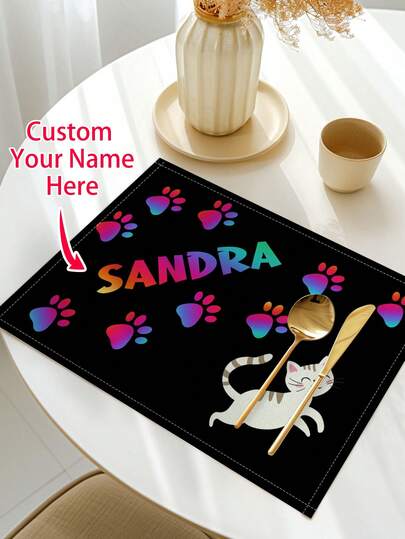 1 pieza Mantel individual personalizado con huella de pata de gato, mantel de mesa de cocina y comedor resistente al calor con nombre personalizado para el hogar, fiestas y reuniones