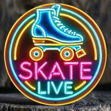 Levendig "Skate Live" Neonbord - Kleurrijke rolschaatsen en skateboards ontwerp Ronde houten wandkunst met ophangbeugel, geschikt voor thuis, slaapkamer, garagedecoratie, geweldig voor kamerdecoratie, willekeurig gatontwerp