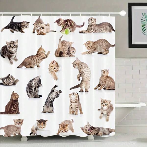 Conjunto de 4 piezas, cortina de ducha con diseño de gato de dibujos animados, elementos de animales muy geniales, 12 ganchos, alfombra de baño antideslizante, alfombra en forma de U para el inodoro, juego de decoración de baño, multiusos, grosor reforzado y secado rápido