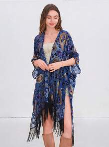 Easter Gift Velvet Kimono Robe,Velvet Kimono Cardigan For Women,Long Velvet Kimono Cover Up With Tassels,Blue Base Color With Golden Cashew Flowers Design,Short Velvet Kimono,Beach Kimono,1 Size Fits All - Blue - Long - 查看 1
