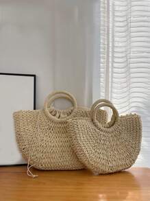 Yogodlns Luxury Hollow Designer Beach Shoulder Bag High Quality Brand Straw Handbag Women Summer Raffia Woven Travel Basket Tote Bags Summer Handmade Bags For Women Beach Weaving Ladies Straw Bag Wrapped Beach Bag Moon Shaped Top Handle Handbags Totes