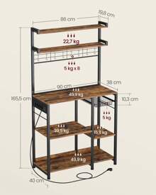 VASAGLE Estantería de Panadería con Toma Corriente, Soporte para Microondas, Barra Café, 4 Tomas CA, con Estantes Ajustables, 8 Ganchos en S, Cesta, Especiero, Marrón Rústico y Negro Tinta - Enchufe EU Tipo C(220-240V) - Ver 6