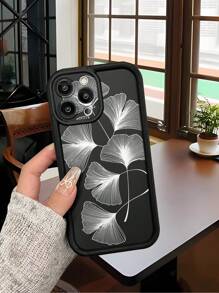 1pc Fashionable Black Ginkgo Leaf & Striped Pattern Anti-Fall Sandblast Phone Case, Compatible With Apple///Redmi/Infinix/Vivo